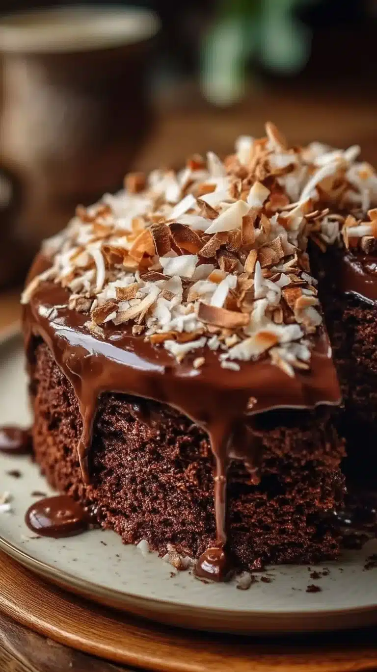 Delicious Chocolate Coconut Cake with a rich chocolate layer and coconut topping