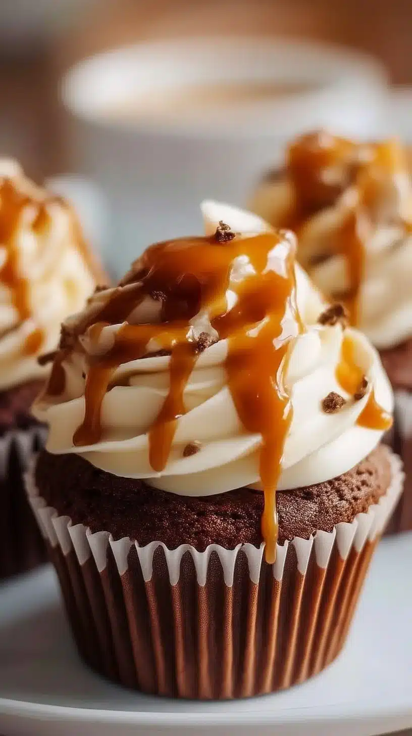 Coffee Caramel Cupcakes 1 Delicious Coffee Caramel Cupcakes decorated with caramel drizzle and coffee beans.