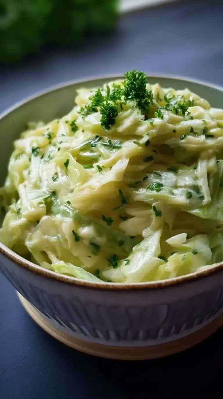 Creamed green cabbage dish served in a bowl with herbs on top.