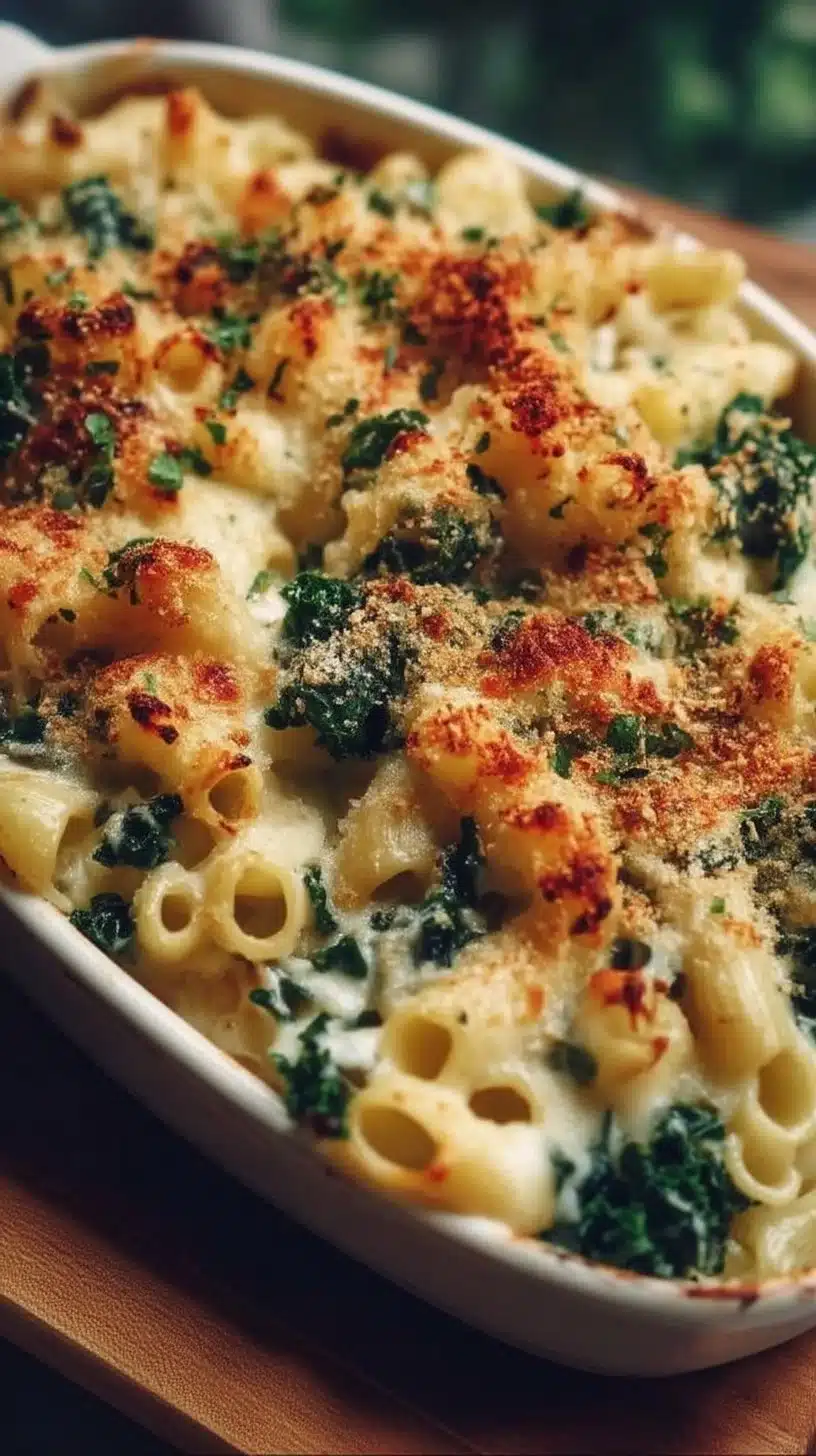 Creamy Kale and Pasta Bake 1 Creamy kale and pasta bake topped with cheese, baked to perfection.