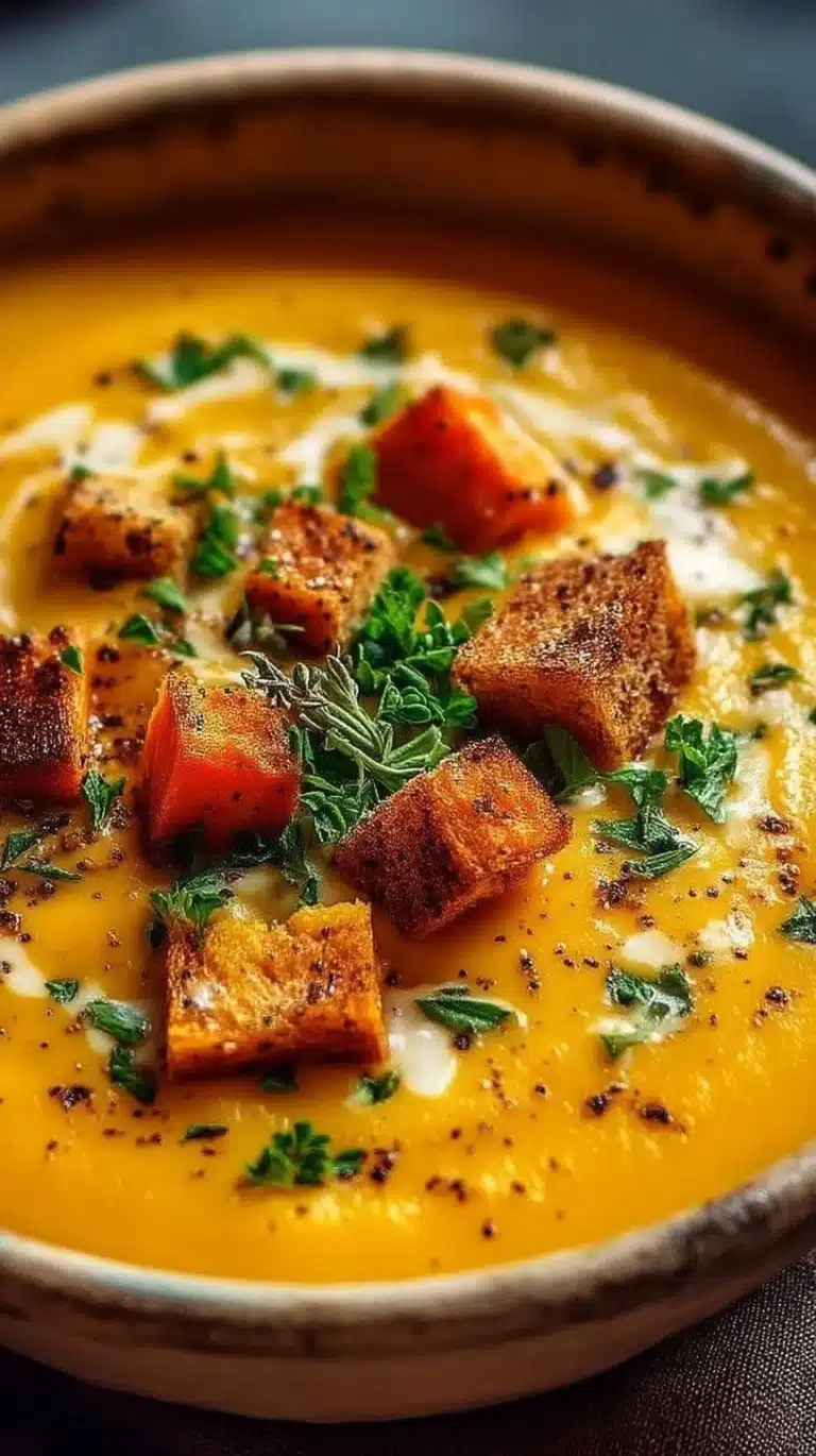 Bowl of creamy sweet potato soup garnished with herbs and spices