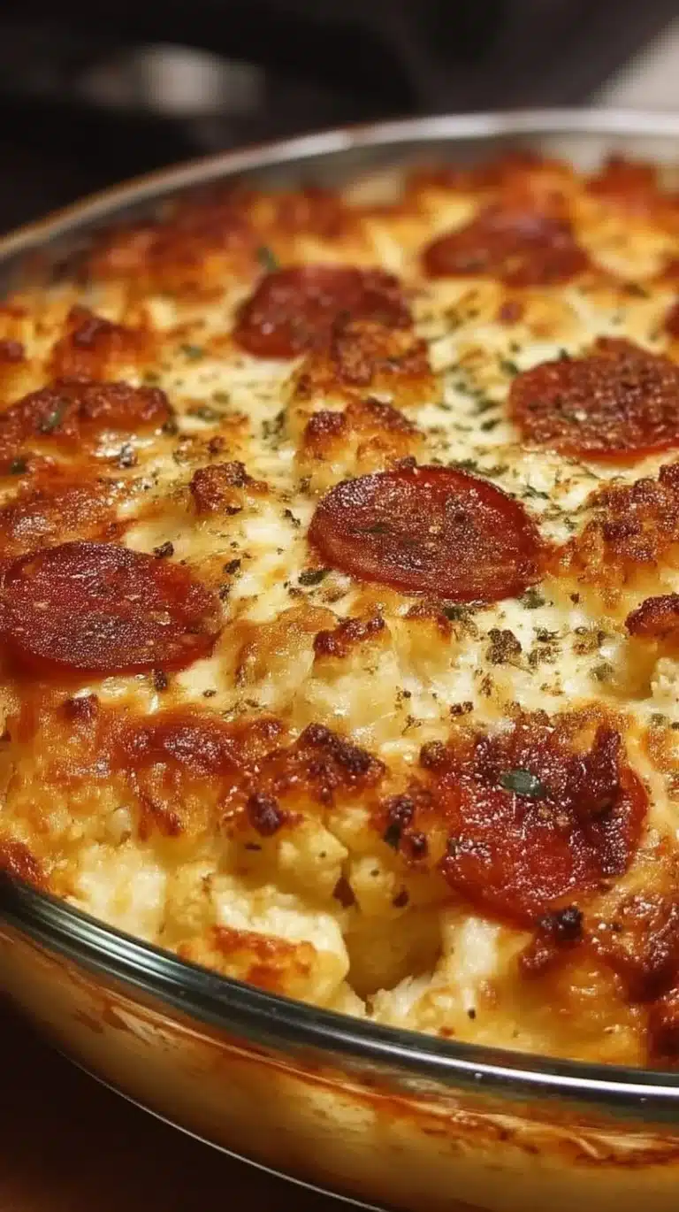 Delicious Easy Cauliflower Pizza Casserole topped with cheese and pepperoni