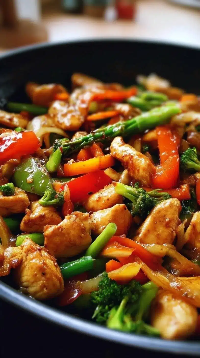 Easy Chicken Stir Fry 1 Delicious easy chicken stir fry with colorful vegetables in a wok