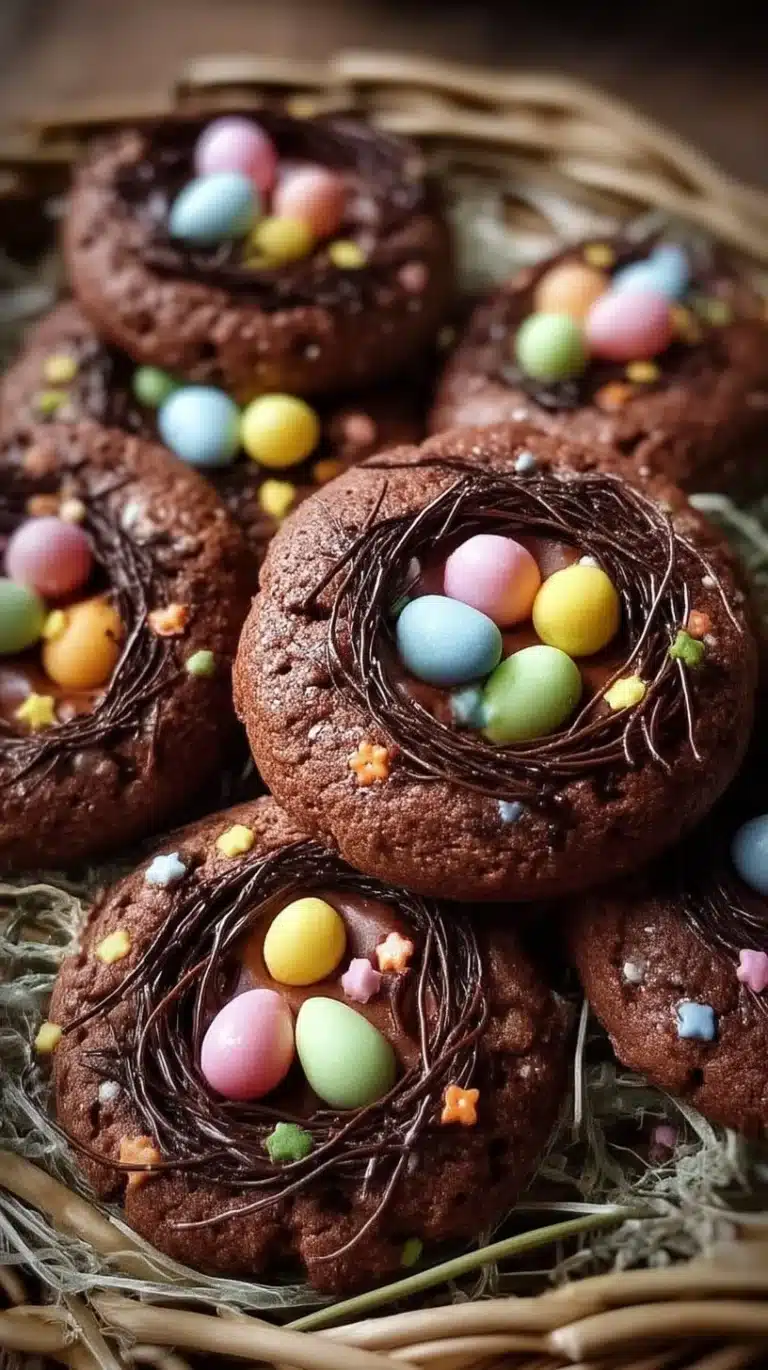 Delicious easy chocolate cookies shaped as Easter egg nests with colorful toppings
