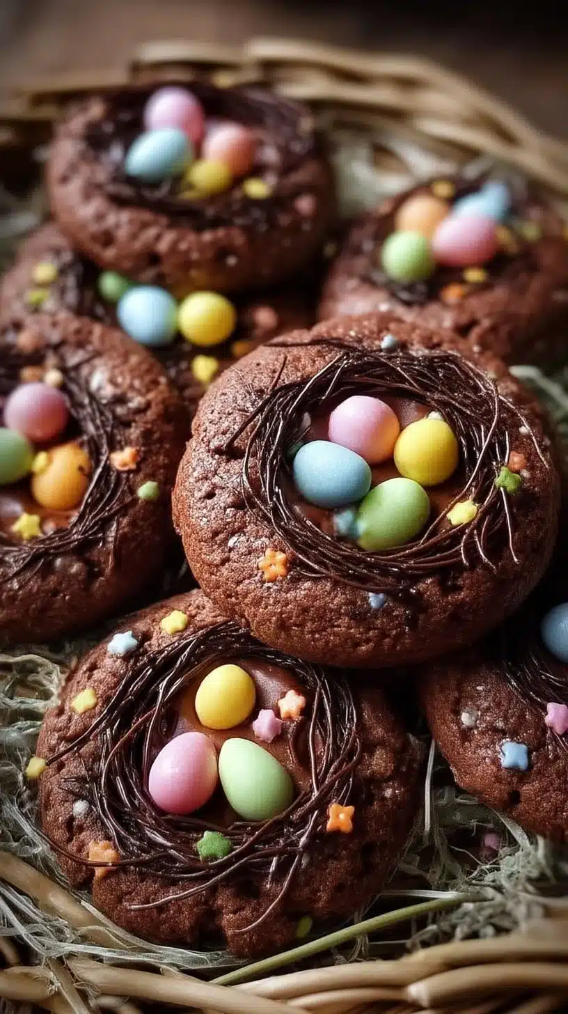 Easy Chocolate Easter Egg Nest Cookies with Irresistible Gooey Magic 1 Delicious easy chocolate cookies shaped as Easter egg nests with colorful toppings