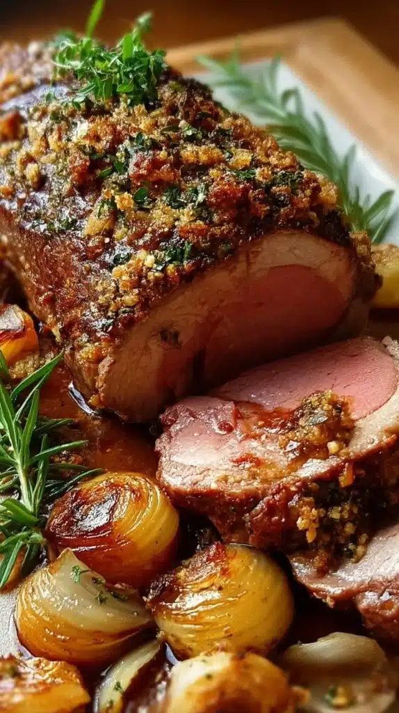Herb-crusted Dijon roast lamb with shallots on a serving platter
