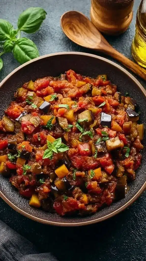 Delicious Eggplant Caponata served in a bowl with fresh herbs