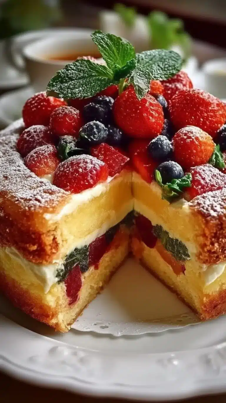 Delicious Italian brunch cake with fresh fruits and a dusting of powdered sugar.