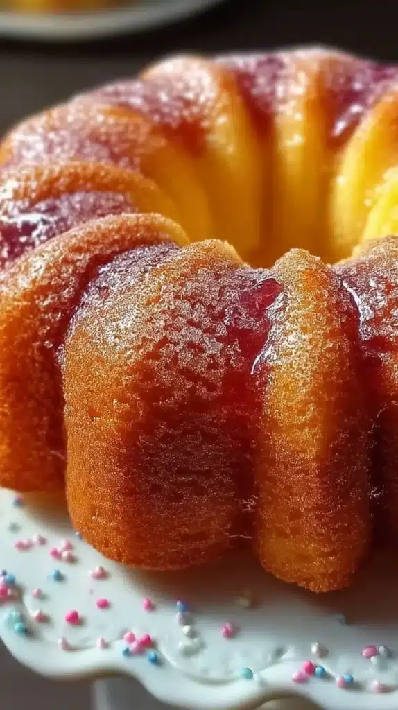 Jelly Doughnut Bundt Cake topped with powdered sugar and vibrant jelly.