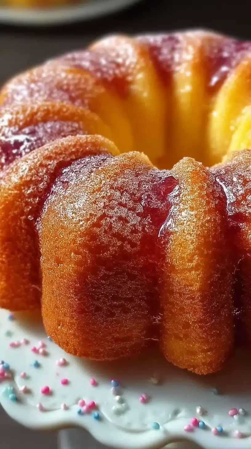 Jelly Doughnut Bundt Cake topped with powdered sugar and vibrant jelly.