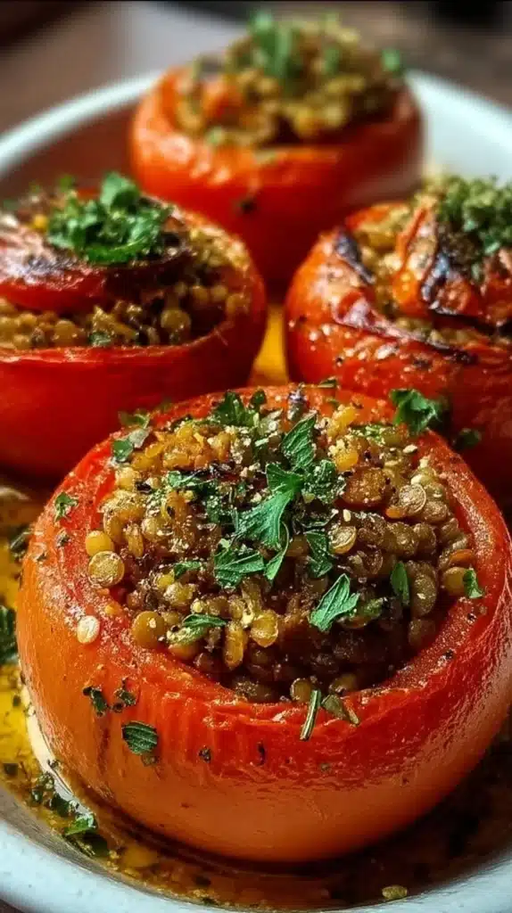 Mediterranean lentil stuffed tomatoes fresh from the oven