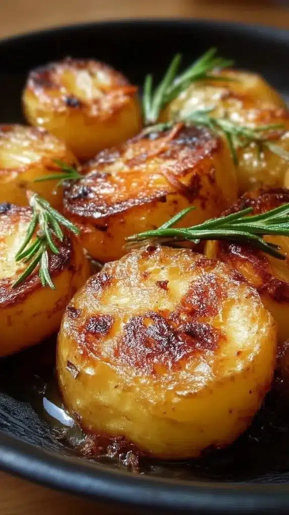 Oven roasted large melting potatoes garnished and ready to serve