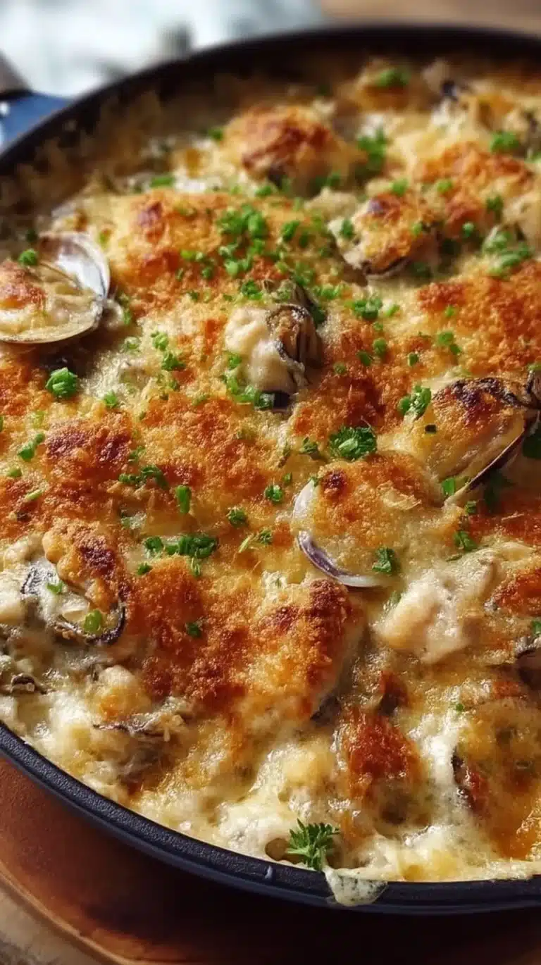 Delicious homemade oyster casserole served in a baking dish