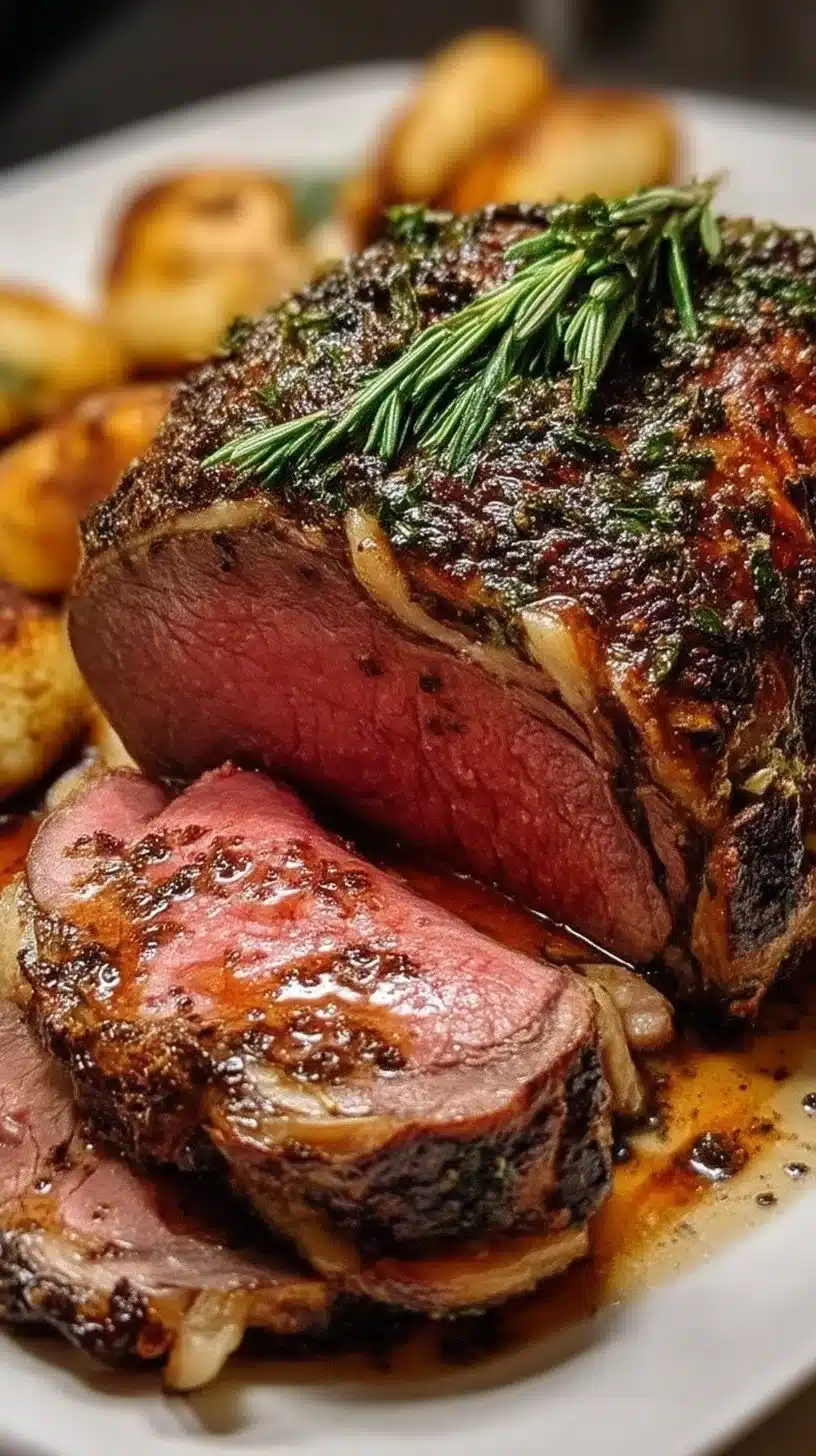 Perfect Prime Rib Recipe 1 Perfectly cooked prime rib served on a wooden cutting board with herbs.