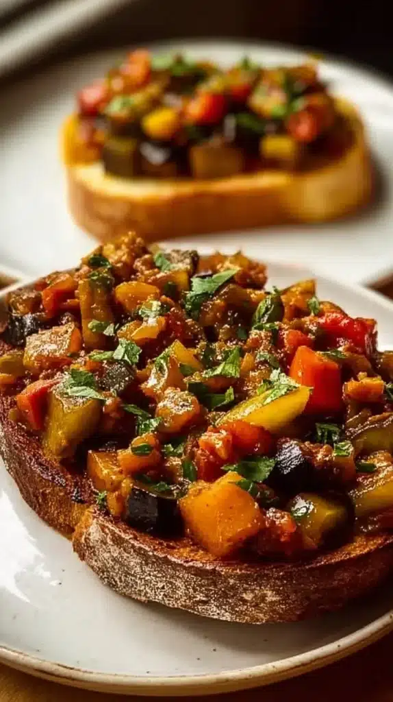 Delicious Sicilian Eggplant Caponata served in a bowl with fresh ingredients