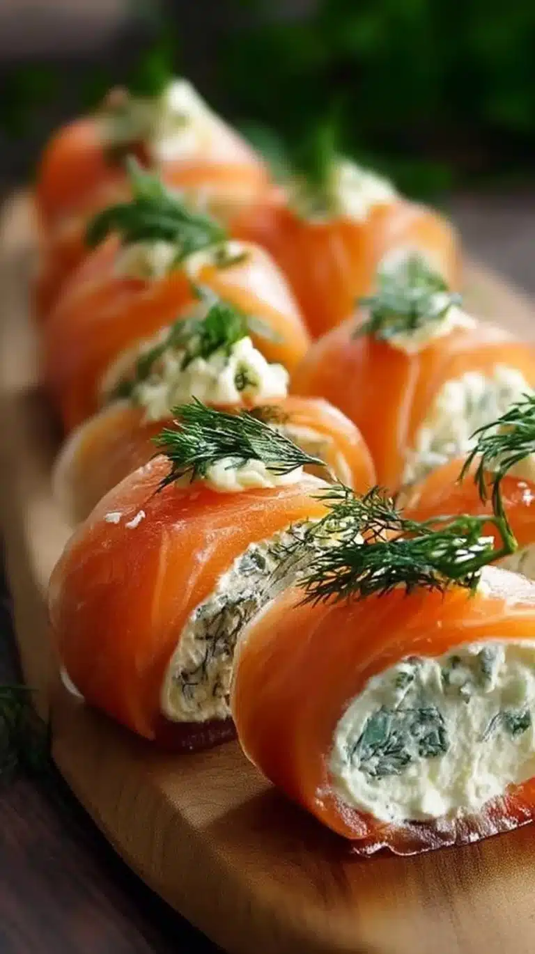 Delicious smoked salmon roll-ups with a creamy lemon dill spread.