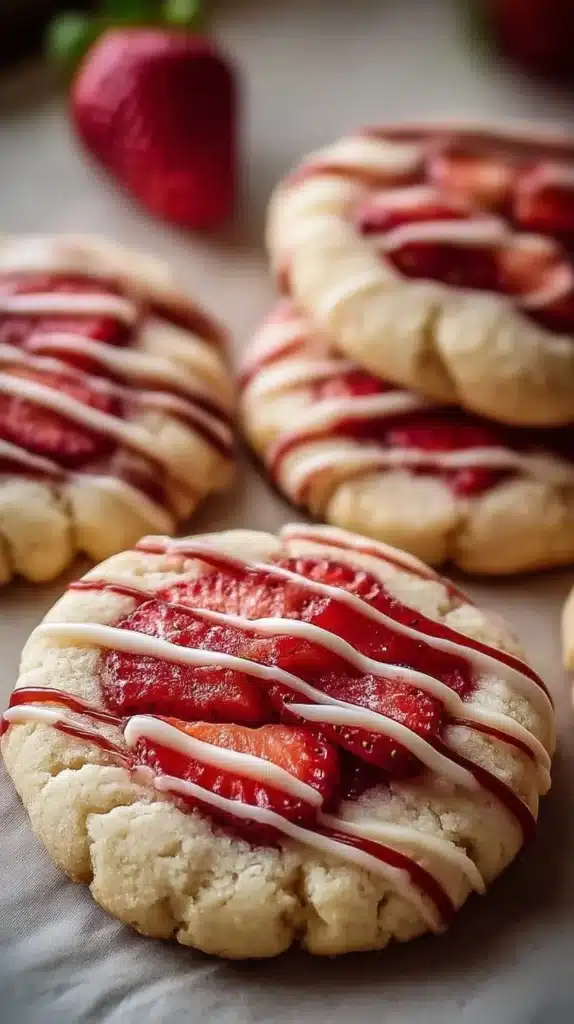 Freshly baked Strawberry Shortbread Cookies on a plate with strawberries
